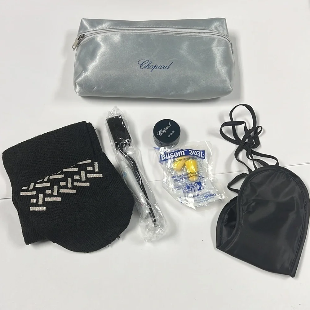 Chopard Silver Gray Satin Zip Pouch Clutch Makeup Bag with Travel Samples
